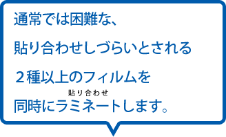 通常では困難な、貼り合わせしづらいとされる２種以上のフィルムを同時にラミネート（貼り合わせ）します。